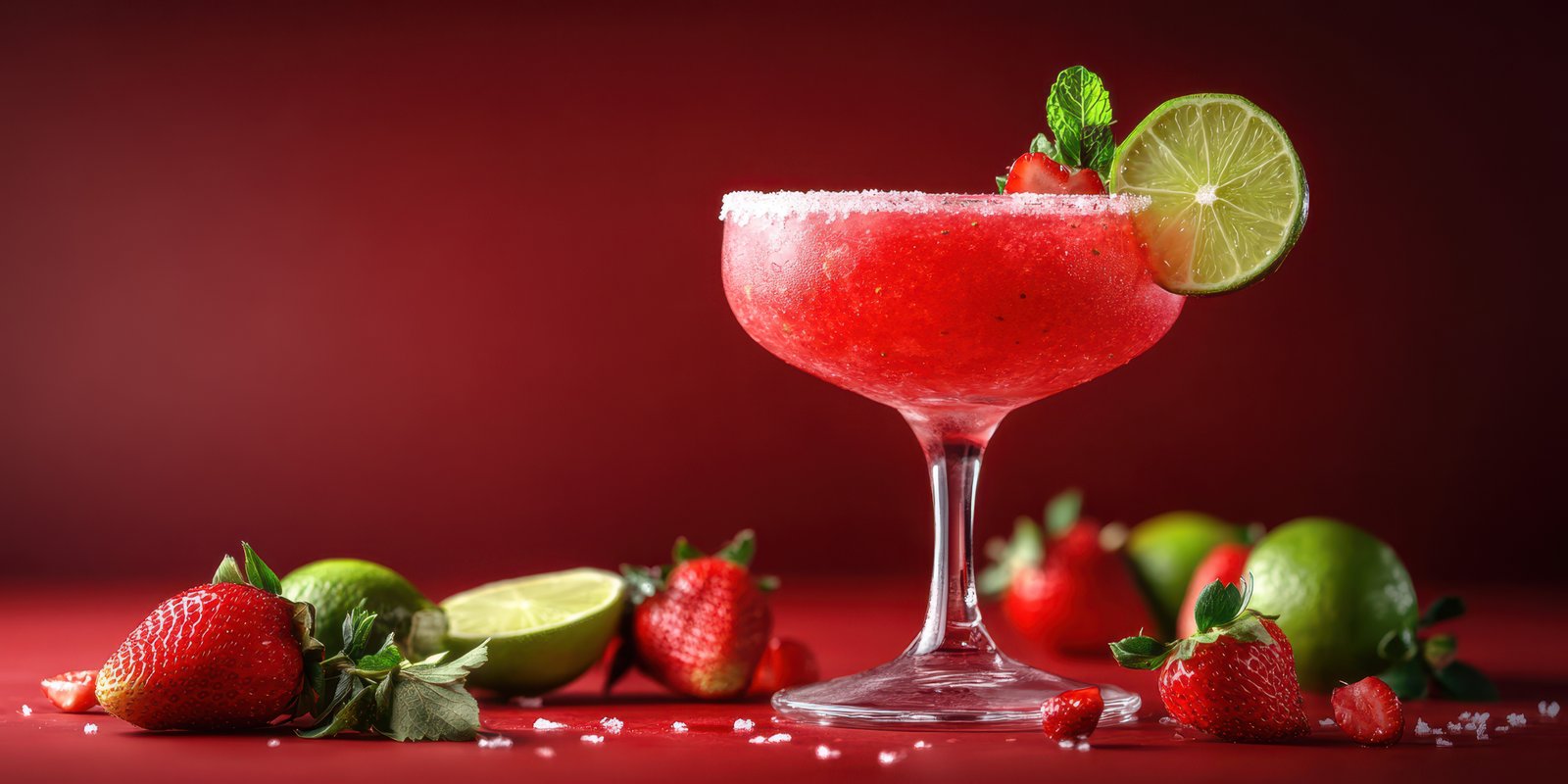 Refreshing fruit cocktail served in a glass with strawberries and limes on a vibrant red background